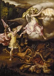 Pyhä Mikael alistamassa Saatanan ja punnitsemassa kuolleiden sieluja, n. 1540-1549